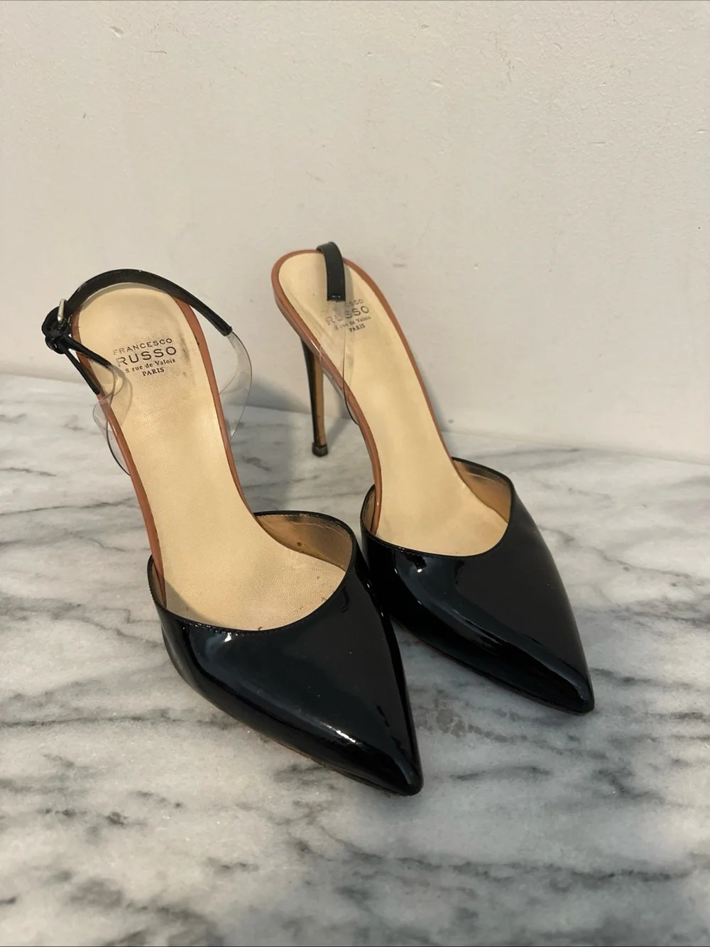 Francesco Russo Black Patent Pointed-Toe Slingback Heels Sz 38 Italy